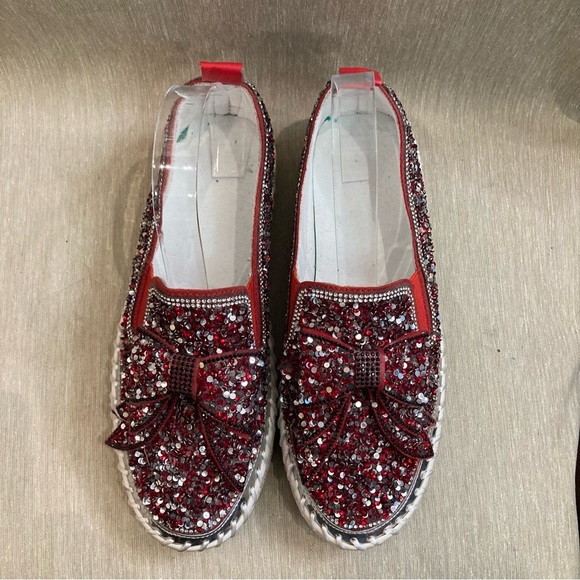 RHINESTONE Sz 9 (260 Korean) Slip On Bow Sparkly All Over Statement Shoes - Picture 3 of 9